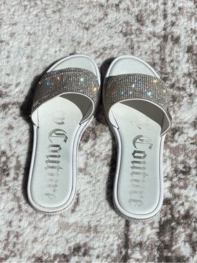 Y2K Juicy Couture Yippy White Slide Sandals with Silver Crystal Rhinestones